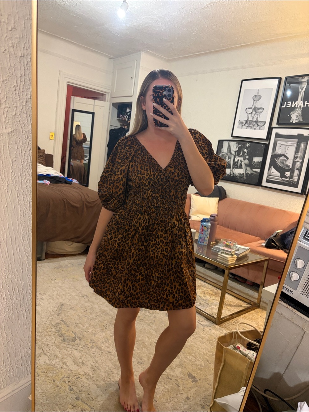 Leopard Print Puff Sleeve Mini Dress